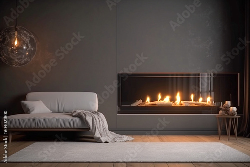 Modern interior design of the living room with fireplace. Super photo realistic background, generative ai illustration	