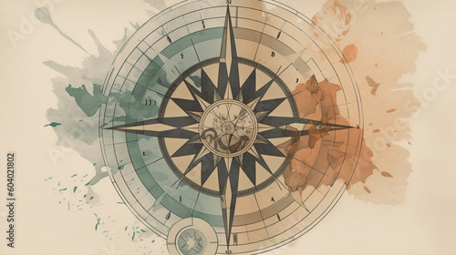 A graphic design of a compass, with a vintage feel and a muted color palette Generative AI