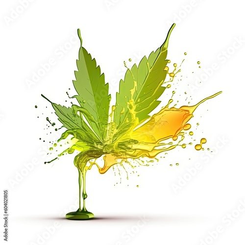  Fresh hemp  leaf  and oil splash , isolated on white background.  Cbd therapeutic. AI generative