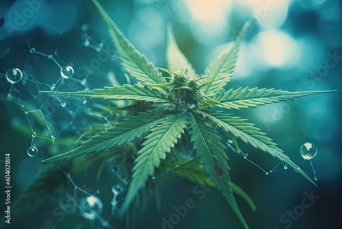 Closeup view of green Cannabis sativa leaf with beauty bokeh under sunlight for natural and freshness wallpaper. Medical marijuana cultivation. Copy space concept. Ai generative.