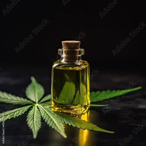 Medicinal cannabis oil extracts in jar and green cannabis leaves, alternative medicine. glass bottle with CBD OIL. AI generative