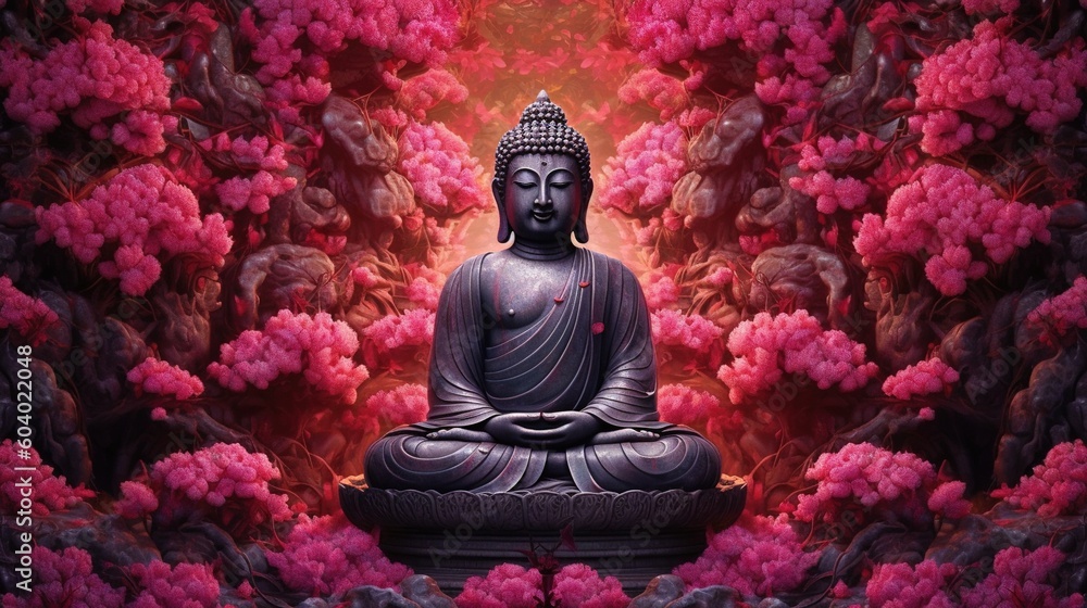 Buddha statue with lotus flower background.Generative Ai