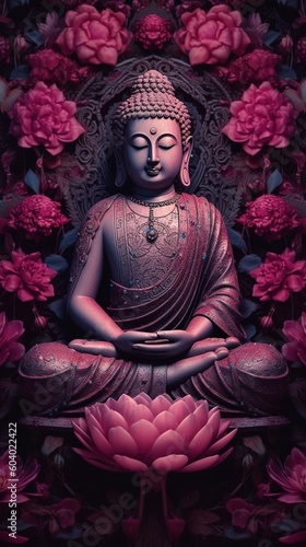 Buddha statue with lotus flower background.Generative Ai