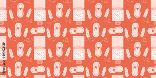 Menstrual periods seamless pattern tampon, pads, menstrual cup. Female regular menstrual cycle concept.