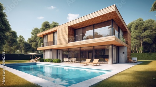 Modern two-story minimalist villa with panoramic windows and a swimming pool in the foreground. Gorgeous home surrounded by trees. Modern comfortable living environment. Generative AI © Georgii