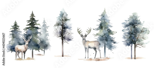 Set of watercolor reindeers and trees isolated on white background.  © Nataliia Pyzhova