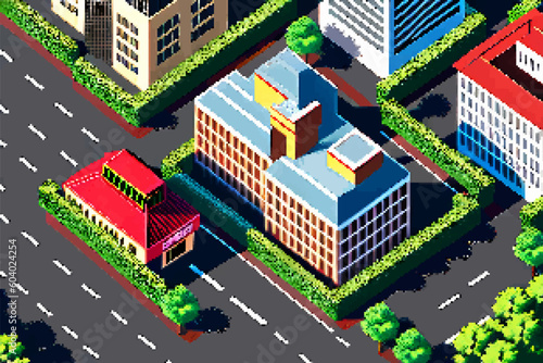 Three-dimensional projection pixel 8-bit art view of the city. 3D Illustration of houses module block district part. Scenery arcade video game background