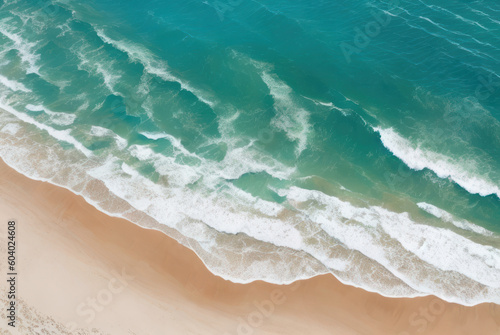 Aerial top down view of beach and sea with blue water, Ocean waves on the beach, Beautiful natural summer vacation. Generative AI.