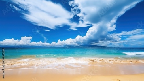 Closeup sea sand beach. Panoramic beach landscape. Inspiringtropical beach seascape. Blue sky calmness tranquil relaxing sunlight summer mood. Vacation travel holiday banner.