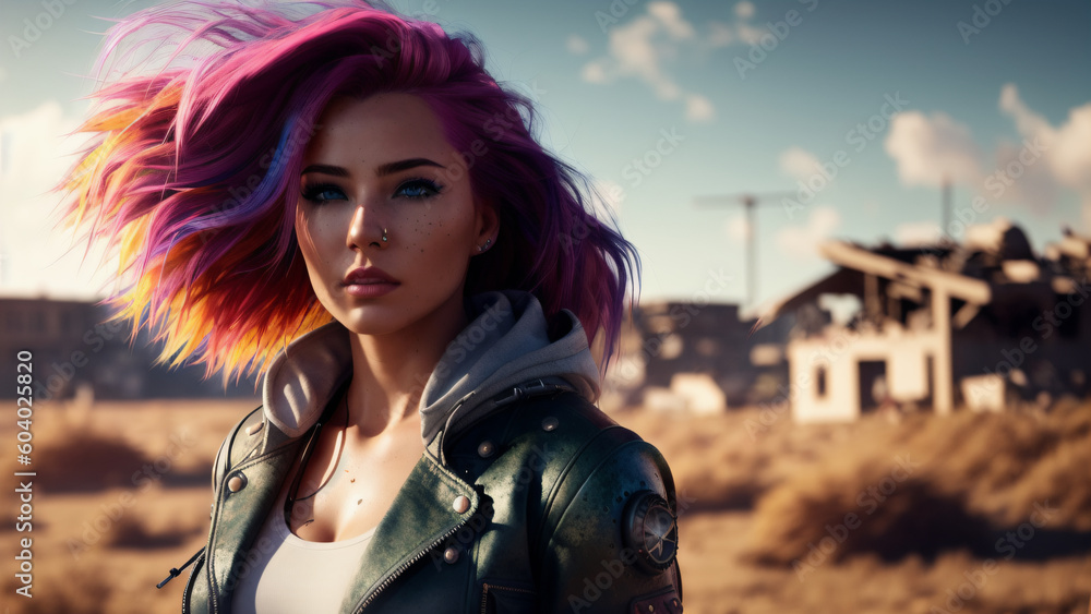 A beautiful woman with pink hair in a post-apocalyptic world. Generative AI
