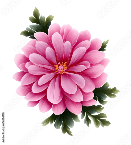 A pink flower with green leaves on a transparent background Generative AI