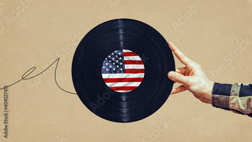 Contemporary art collage with male hand holding gramophone vinyl record with american symbolism. Happy Independence day, 4th July