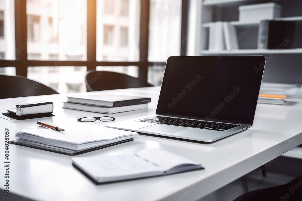 Modern Office Workspace with copy space. Laptop on a Table for Business. Generative AI. Modern Office Workspace with copy space. Laptop on a Table for Business. Generative AI.