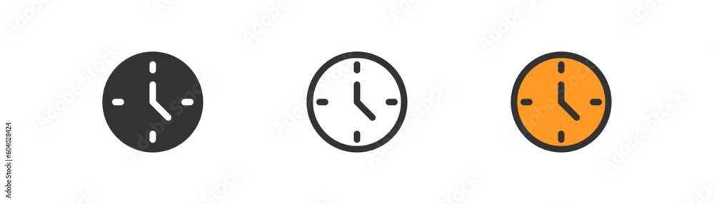 Clock icon on light background. Time symbol. Second, deadline, watch, alarm, data, timer. Outline, flat and colored style. Flat design. Vector illustration.