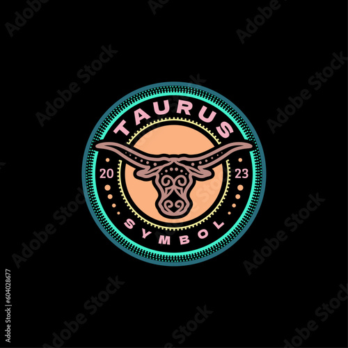 Taurus Zodiac Circle Emblem, Bull Longhorn Head Stamp Decorative Vector Desain