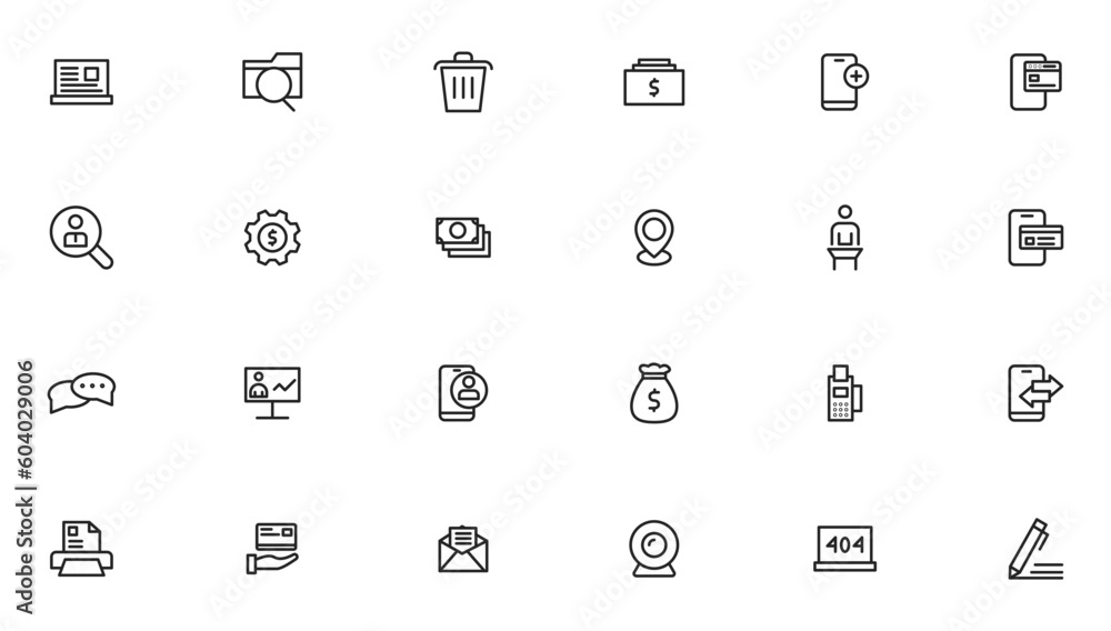 Vector business and finance editable stroke line icon set with money, bank, check, law, auction, exchance, payment, wallet, deposit, piggy, calculator, web and more isolated outline thin symbol Vector business and finance editable stroke line icon set with money, bank, check, law, auction, exchance, payment, wallet, deposit, piggy, calculator, web and more isolated outline thin symbol