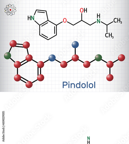 Pindolol molecule. It is nonselective beta adrenergic receptor blocker, used to treat hypertension, edema. Structural chemical formula, molecule model. Sheet of paper in a cage.