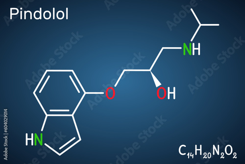 Pindolol molecule. It is nonselective beta adrenergic receptor blocker, used to treat hypertension, edema. Structural chemical formula on the dark blue background. photo