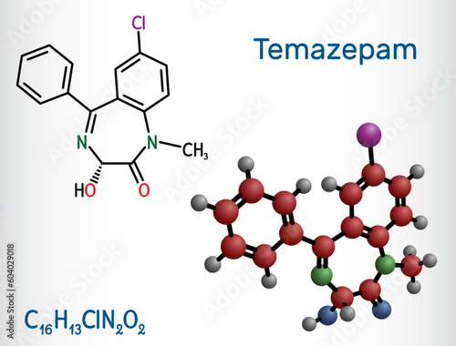 Temazepam drug molecule. It is benzodiazepine, used to treat panic disorders, severe anxiety, insomnia.. Structural chemical formula, molecule model