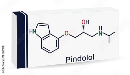Pindolol molecule. It is nonselective beta adrenergic receptor blocker, used to treat hypertension, edema. Skeletal chemical formula. Paper packaging for drugs photo