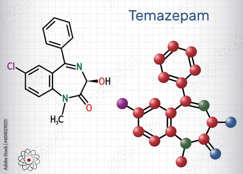 Temazepam drug molecule. It is benzodiazepine, used to treat panic disorders, severe anxiety, insomnia.. Structural chemical formula, molecule model. Sheet of paper in a cage.