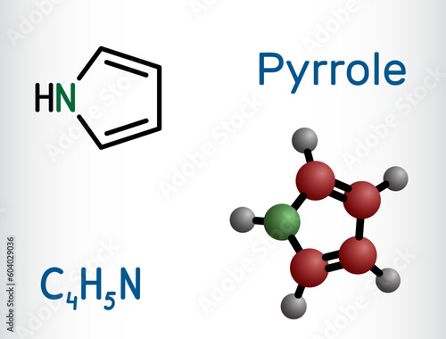 Pyrrole molecule. It is heterocyclic aromatic compound, natural product, found in Coffea arabica. Structural chemical formula, molecule model.