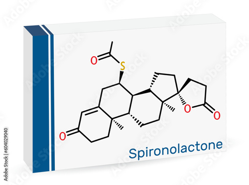 Spironolactone molecule. It is aldosterone receptor antagonist used for the treatment of hypertension, hyperaldosteronism, edema. Skeletal chemical formula. Paper packaging for drugs