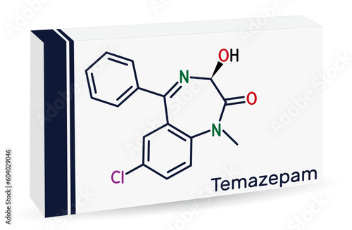 Temazepam drug molecule. It is benzodiazepine, used to treat panic disorders, severe anxiety, insomnia.. Skeletal chemical formula. Paper packaging for drugs.