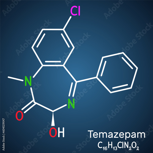 Temazepam drug molecule. It is benzodiazepine, used to treat panic disorders, severe anxiety, insomnia.. Structural chemical formula on the dark blue background.