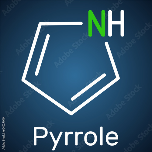 Pyrrole molecule. It is heterocyclic aromatic compound, natural product, found in Coffea arabica. Structural chemical formula on the dark blue background.
