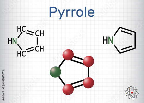 Pyrrole molecule. It is heterocyclic aromatic compound, natural product, found in Coffea arabica. Structural chemical formula, molecule model. Sheet of paper in a cage