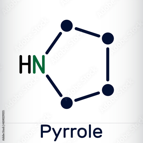 Pyrrole molecule. It is heterocyclic aromatic compound, natural product, found in Coffea arabica. Skeletal chemical formula.