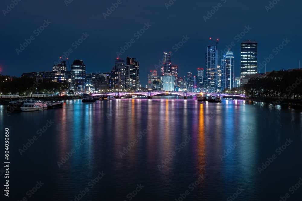Colourful skyline of London City at night