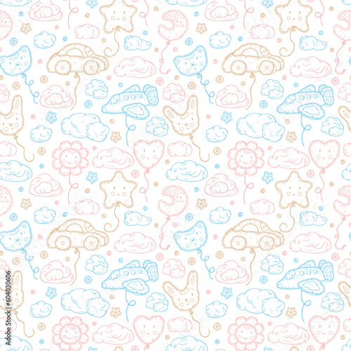 Kids toys. Beach Inflatable Toys. Balloons. Kawaii toy. Hand Drawn doodle clouds, star, heart, cat, car, airplane, flower, moon, rabbit - Vector Seamless Pattern. Cute background for kids