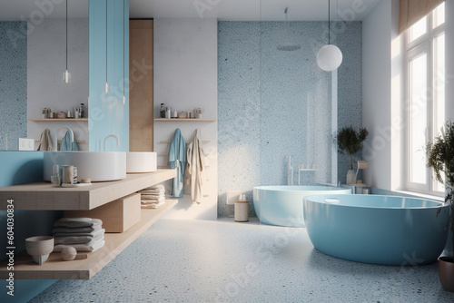 Modern cozy bathroom  classic clean interior design with blue  white and beige colors. Super photo realistic background  generative ai illustration