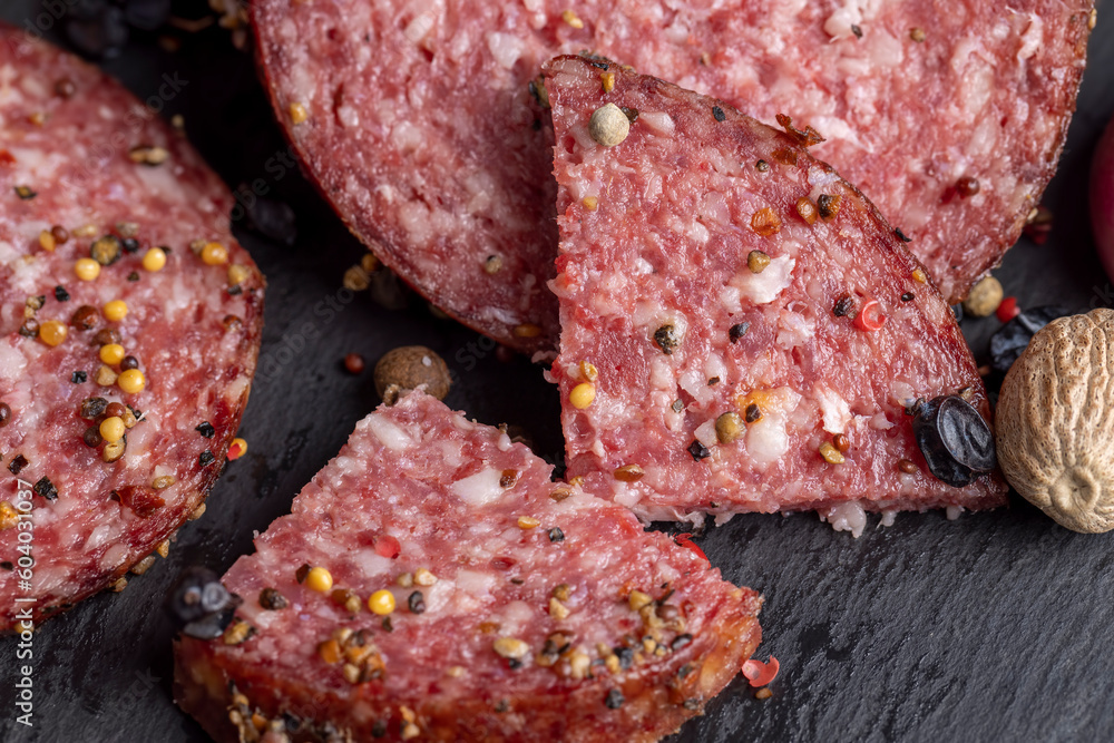 Sliced salami using pork meat with spices