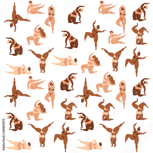 Set of plus-size models in swimming suits doing yoga classes. Vector curvy active girls background. Body positive. Summer activity