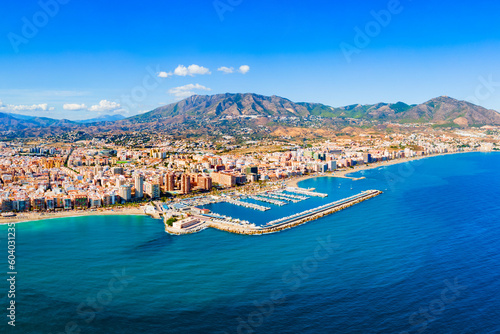 Fuengirola city beach and port aerial panoramic view photo