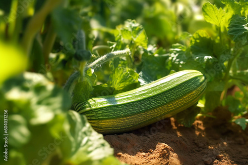 Growing green zucchini in the garden on a sunny day. Ripened vegetable marrows, flowering and fruit courgette. Generative AI