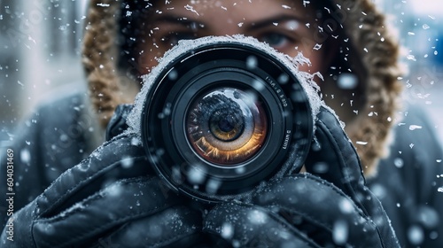 disaster reflecting on the lens, close-up lens, snowfall, photographer looking through camera, Generative AI