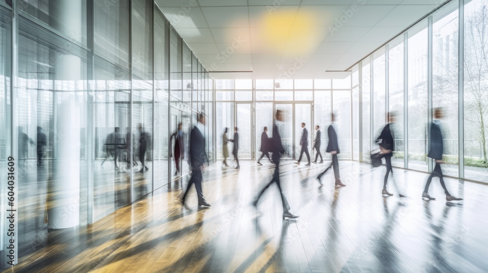 Group of people working in the office, people walking, motion blur