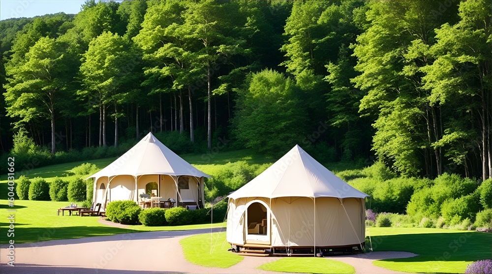 Glamping tent nature's splendor, surrounded by lush green meadows, majestic trees, and rolling hills