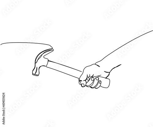 Hammer in hand, hit, repair, smash one line art. Continuous line drawing of equipment, industry, carpentry, metal, worker, hardware, instrument, service, workshop, steel, mechanic, construct