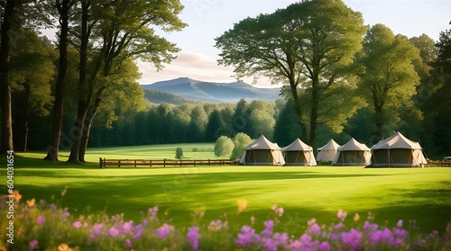 Glamping tent nature's splendor, surrounded by lush green meadows, majestic trees, and rolling hills