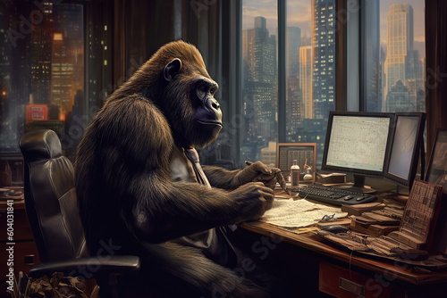 Image of business gorilla dressed in a suit sitting in armchair in office and working on the computer. Anthropomorphism