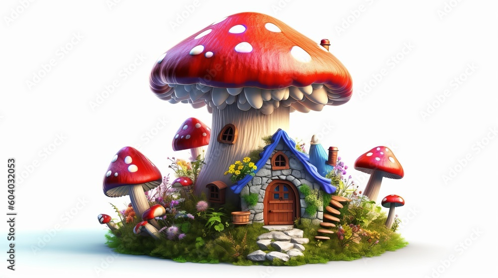 realistic colorful mushroom house, colorful, beautiful vivid color, mushroom house, wet soil, white background, Generative AI