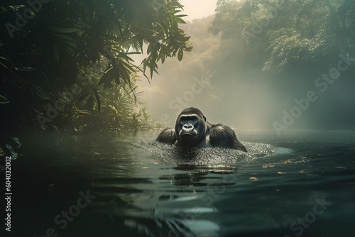 Image of a gorilla bathing in the river surrounded by lush greenery and a misty atmosphere.