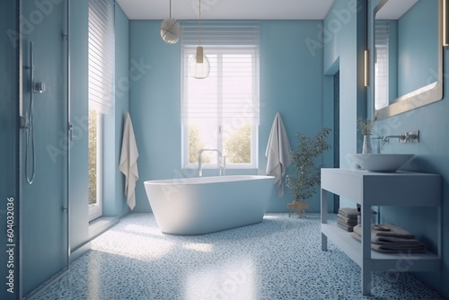 Modern cozy bathroom  classic clean interior design with blue  white and beige colors. Super photo realistic background  generative ai illustration