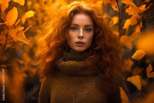 A redhead woman in a beautiful autumn scenery with falling leaves, generative AI © AltPix