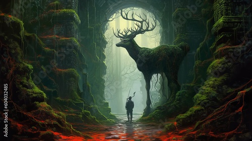stag waiting in front of a multidimensional gateway, covered in moss, hyperpop, cyberpunk, epic perspective, dynamic pose, Generative AI